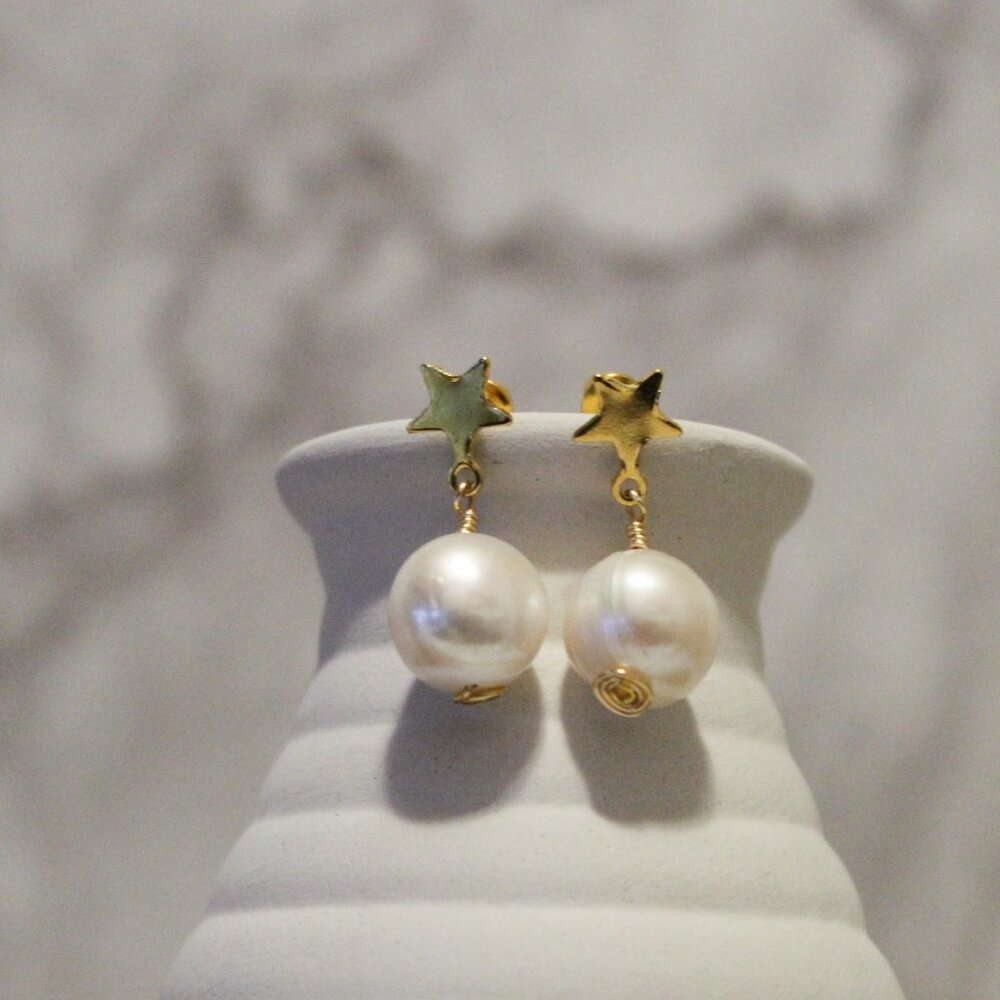 Gold Star Pearl Drop Earrings